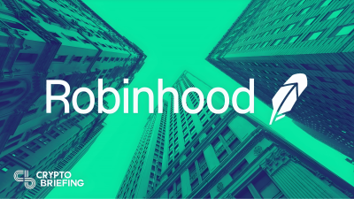 "Logo Robinhood superposé sur une vue urbaine avec des bâtiments élevés, vu du niveau du sol."