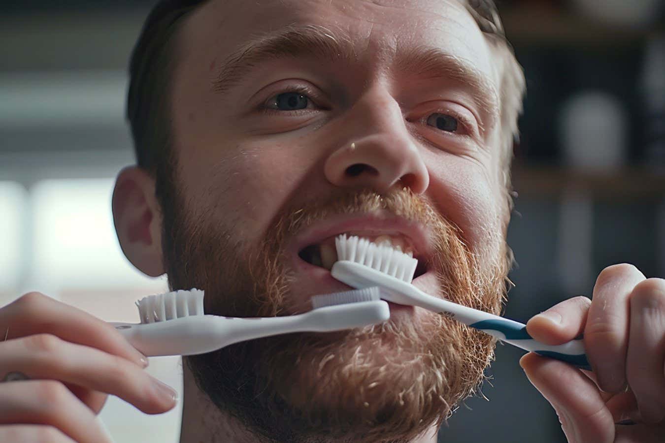 science Une image d'un homme se brossant les dents avec deux brosses à dents dont l'une semble étrange, générée par un program IA.