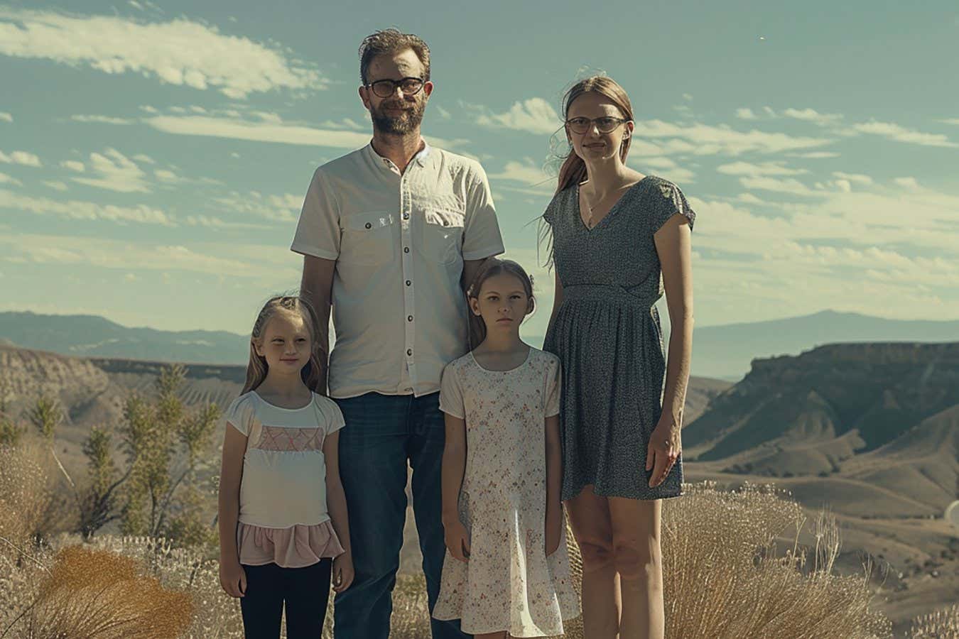 science Une image générée par IA d'une famille posant à l'extérieur avec une montagne en arrière-plan