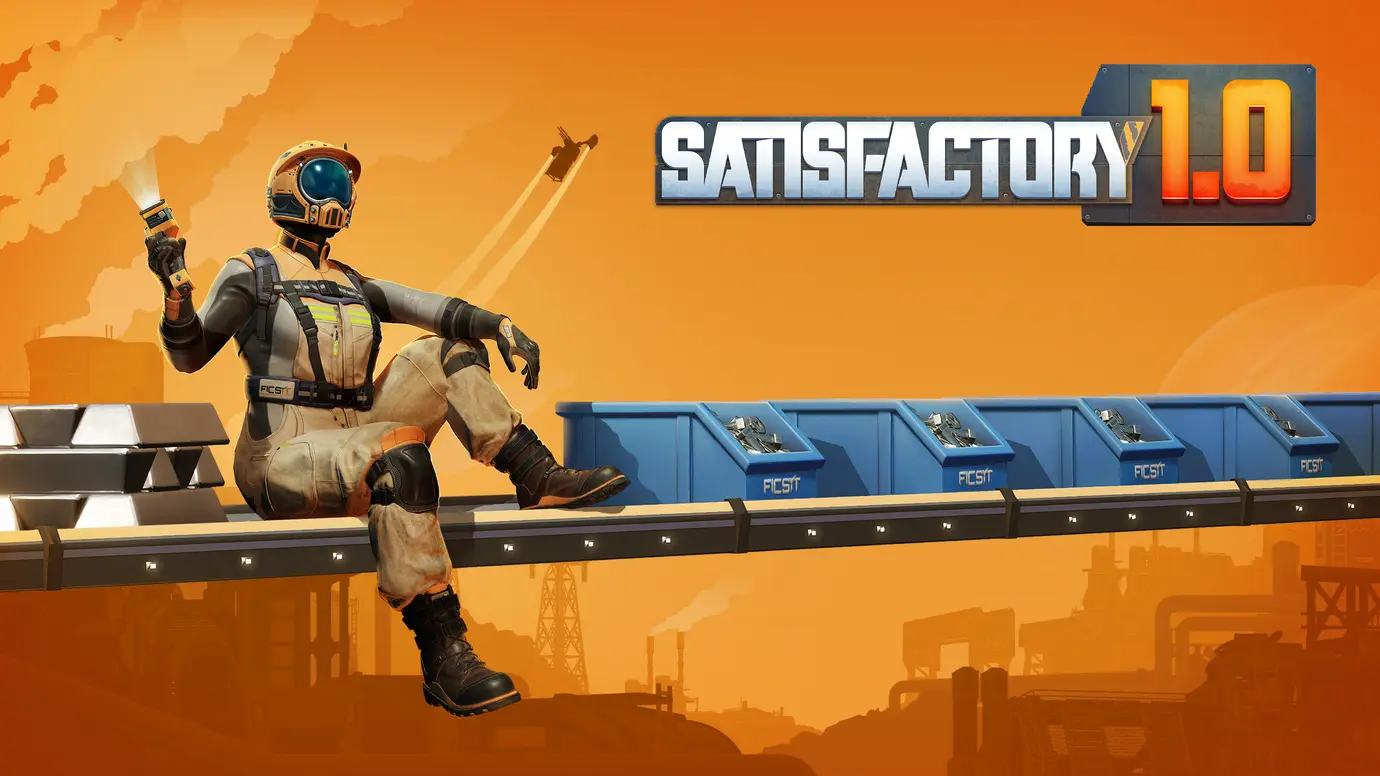 Un personnage de Satisfactory assis sur un tapis roulant avec la légende "Satisfactory 1.0"
