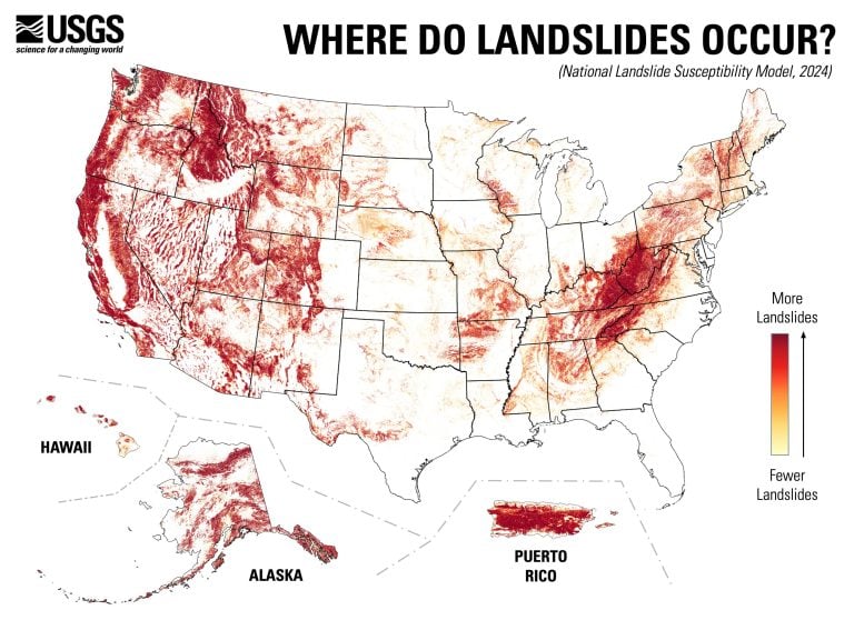 carte de susceptibilité aux glissements de terrain aux États-Unis