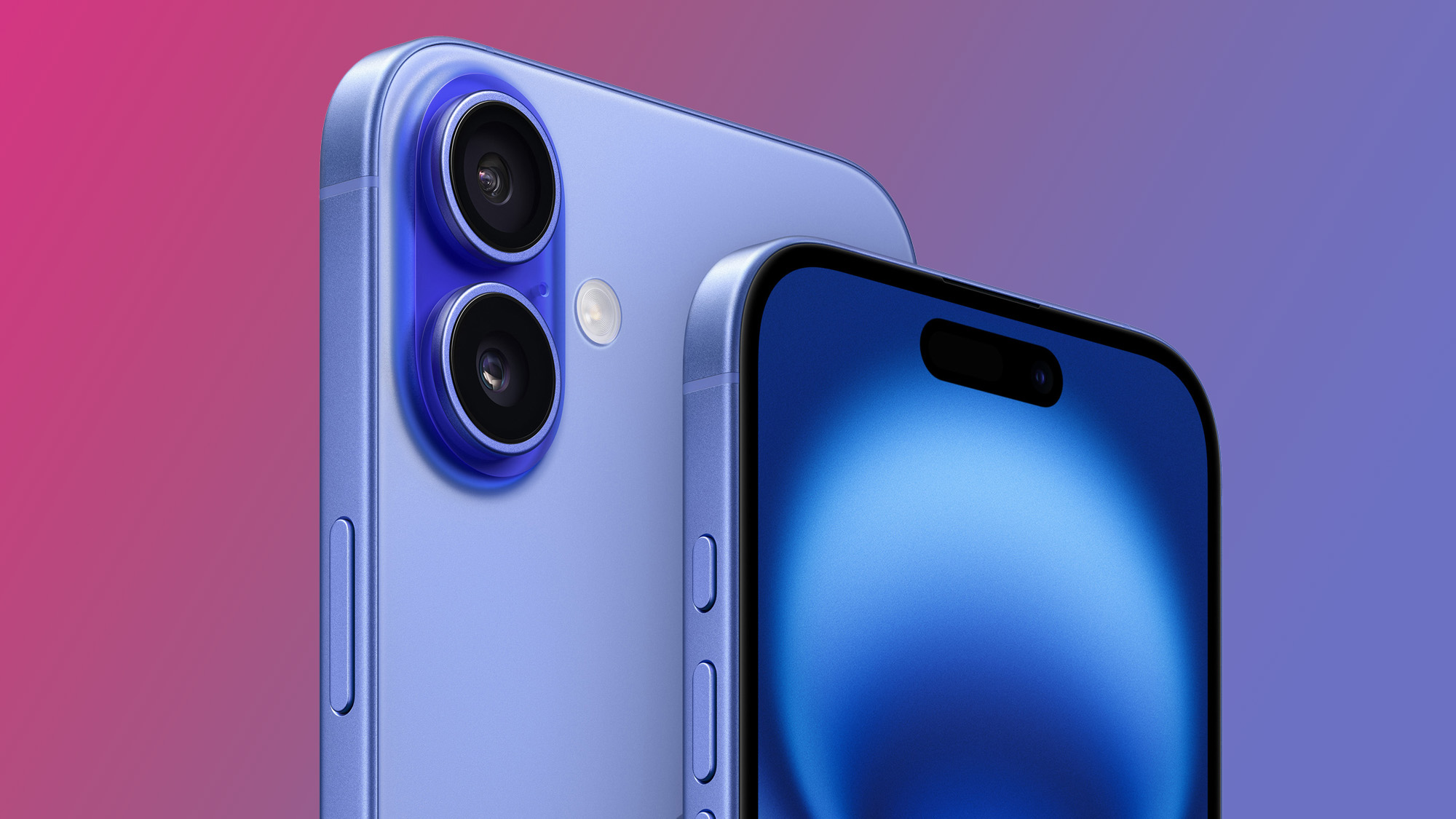 technologie L'iPhone 16 en ultramarine sur un fond rose et bleu