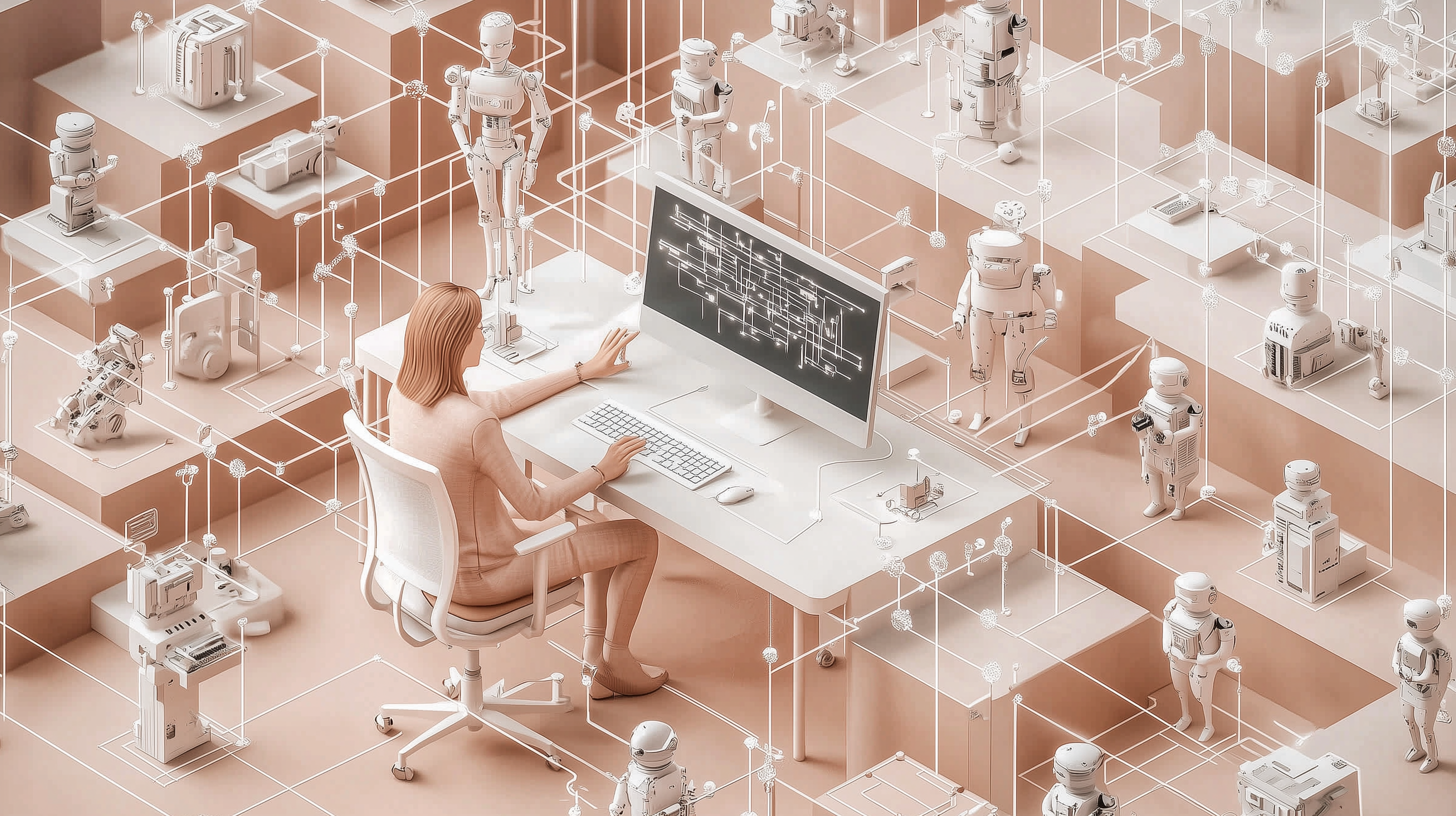 Vue isométrique 3D d'une femme tapant sur⁣ un ordinateur dans ‍une pièce ‍rose pastel entourée de robots blancs et de ⁤circuits.