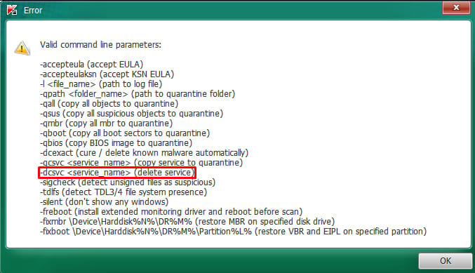 Commandes prises en charge par TDSSKiller