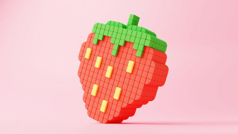 Illustration d'une fraise composée de blocs pixelisés.