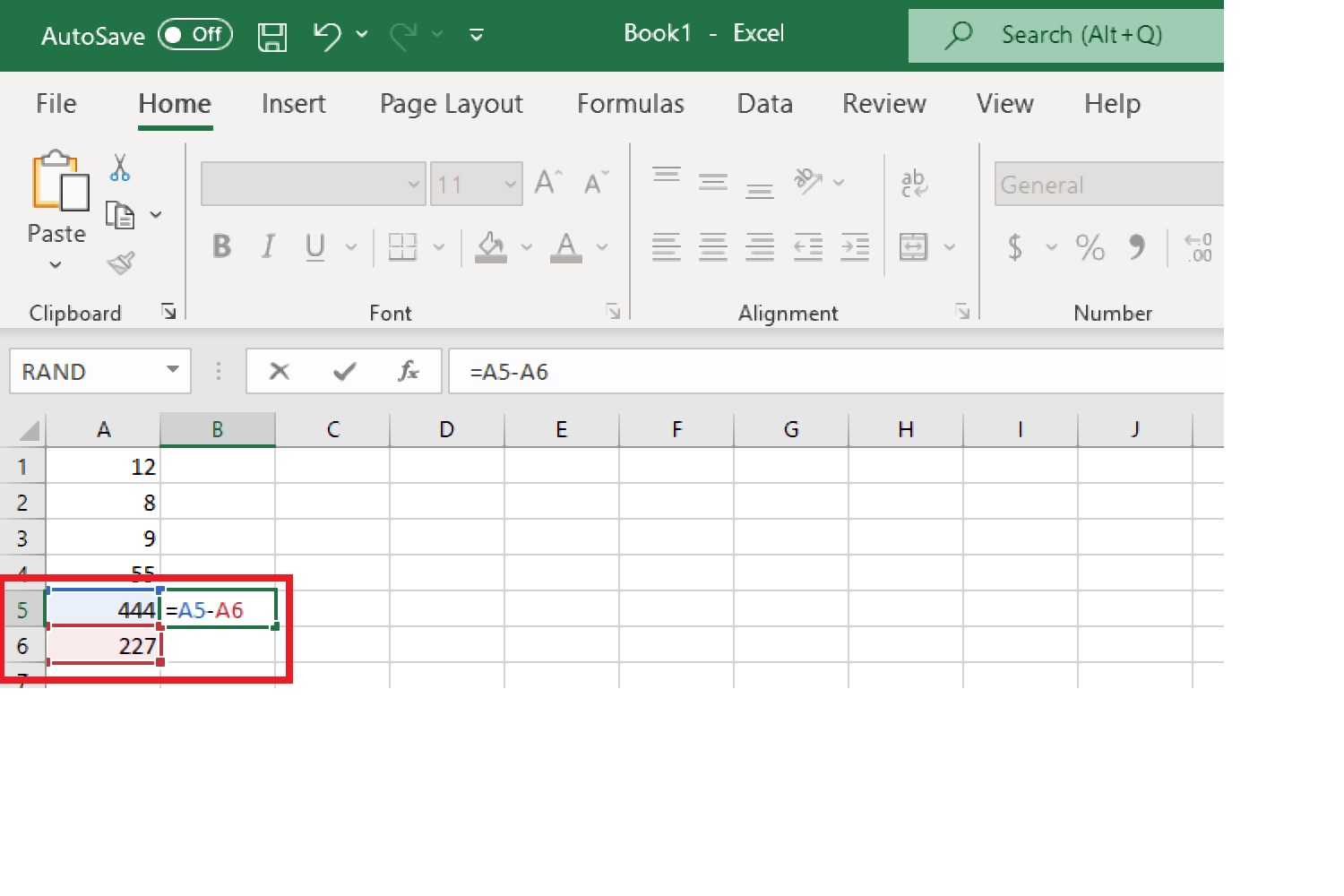 technologie Soustraction de deux nombres dans différentes cellules d'Excel avec des références de cellules et une formule.