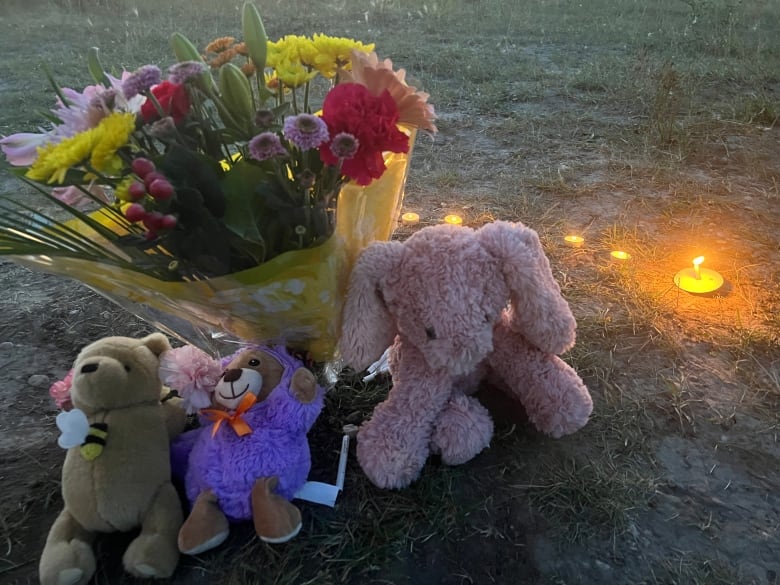 actualité Trois peluches sont posées sur l'herbe devant un bouquet coloré. Une poignée de bougies chauffe-plat sont allumées à proximité.