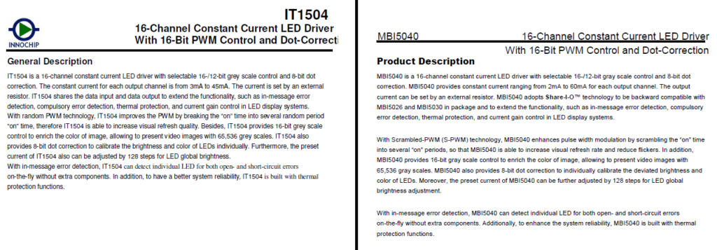 Comparaison des fiches techniques