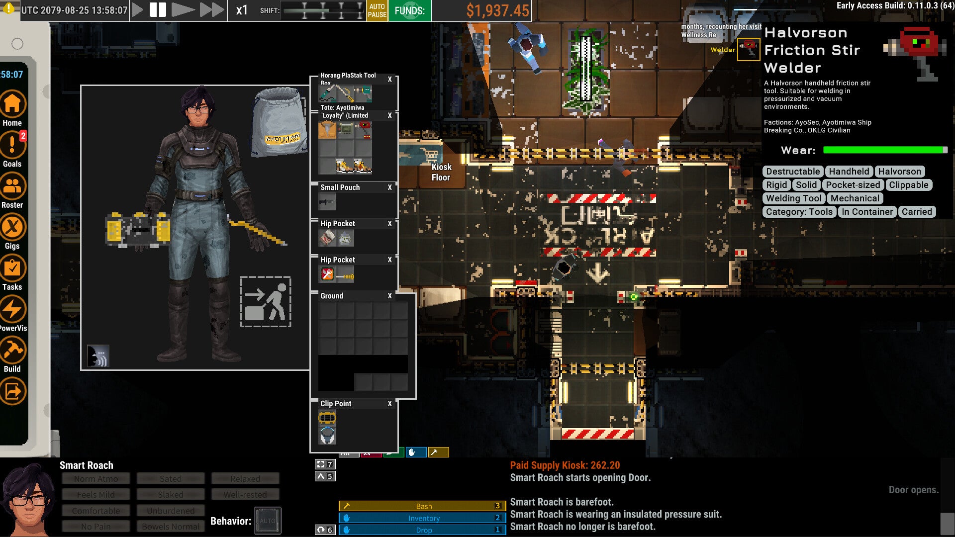 Un personnage sur un vaisseau spatial vu de dessus dans Ostranauts, avec son portrait complet à gauche et de nombreux boutons d'interface utilisateur.