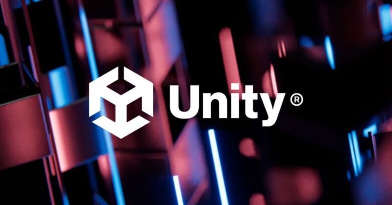 Logo de Unity sur fond rose et bleu